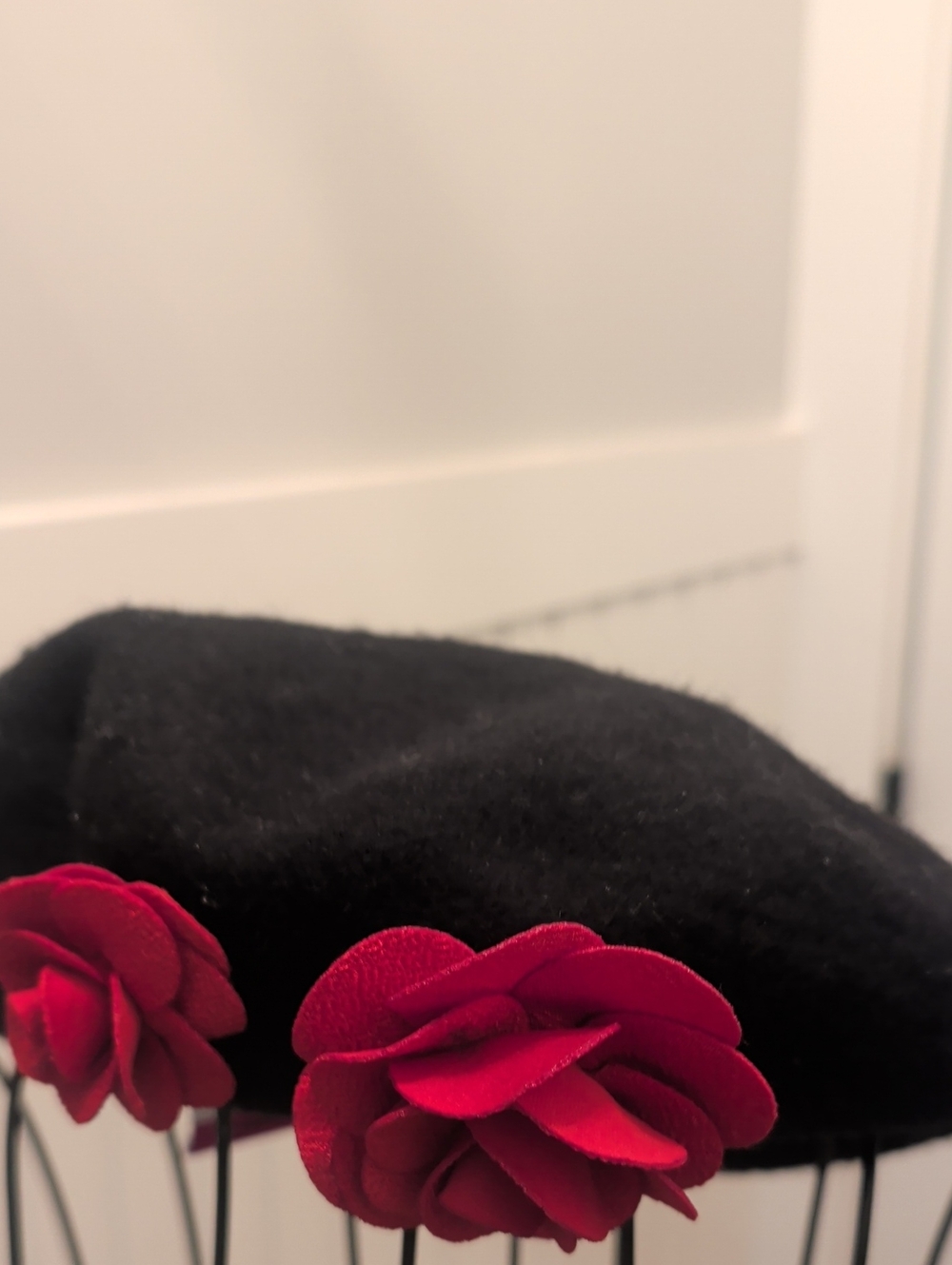 Karl Lagerfeld Black Beret with Red Floral Appliqués